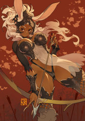 Rule 34 | 1girl, animal ears, arrow (projectile), bow (weapon), breasts, brown theme, cleavage, dark-skinned female, dark skin, dutch angle, ears through headwear, final fantasy, final fantasy xii, fingernails, fran (ff12), helmet, highres, holding, holding weapon, large breasts, long fingernails, long hair, looking at viewer, navel, poch4n, rabbit ears, red eyes, revealing clothes, solo, thighhighs, viera, weapon, white hair