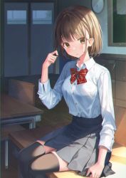 Rule 34 | 1girl, adjusting hair, black thighhighs, blue skirt, blush, bow, bowtie, brown eyes, brown hair, closed mouth, collared shirt, hand in own hair, highres, long sleeves, looking at viewer, magonuri, original, plaid, plaid bow, plaid bowtie, plaid neckwear, pleated skirt, red bow, red bowtie, school uniform, shirt, short hair, skirt, solo, thighhighs, white shirt