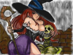 Rule 34 | bare shoulders, breast smother, breasts, cleavage, curvy, detached sleeves, dragon&#039;s crown, dress, hat, large breasts, long hair, long skirt, red hair, skeleton, sketch, skirt, witch, sorceress (dragon&#039;s crown), staff, strapless, strapless dress, vanillaware, weapon, witch, witch hat