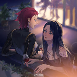 Rule 34 | 2girls, alternate costume, artist name, black hair, blue eyes, caitlyn (league of legends), closed mouth, cup, detached sleeves, dress, earrings, highres, holding, holding cup, jewelry, league of legends, light particles, long hair, long sleeves, multiple girls, necklace, outdoors, pink hair, shadow, short hair, smile, vi (league of legends), weibo miyi, window