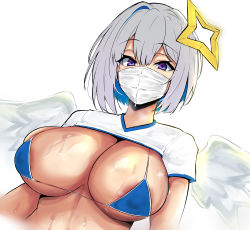 Rule 34 | 1girl, alternate breast size, amane kanata, angel wings, bikini, blue bikini, breasts, dutch angle, hair between eyes, hair ornament, highres, hololive, large breasts, looking at viewer, mask, mon (manarestra), mouth mask, purple eyes, revealing clothes, silver hair, simple background, skindentation, solo, steam, surgical mask, swimsuit, upper body, virtual youtuber, wet, white background, wings