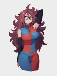 Rule 34 | 1girl, android 21, black-framed eyewear, blue eyes, brown hair, checkered clothes, checkered dress, cropped legs, curly hair, detached sleeves, dragon ball, dragon ball (classic), dragonball z, dress, earrings, glasses, hoop earrings, jewelry, kemachiku, long hair, simple background, sleeveless, sleeveless dress, solo, spiked hair, standing, white background