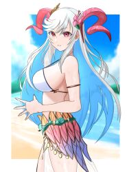 Rule 34 | 1girl, bare shoulders, beach, bikini, breasts, fire emblem, fire emblem heroes, freyja (fire emblem), freyja (summer) (fire emblem), from side, goat horns, highres, horns, large breasts, long hair, looking at viewer, nintendo, ocean, official alternate costume, ondur, own hands together, parted lips, red eyes, sideboob, solo, swimsuit, very long hair, white hair