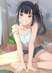 Rule 34 | 1girl, akira tooru, bare arms, barefoot, black hair, blue shorts, blunt bangs, bottle, breasts, brown eyes, cleavage, collarbone, electric fan, feet, food, fruit, grin, hair ribbon, highres, indian style, long hair, looking at viewer, original, plate, ponytail, ramune, ribbon, short shorts, shorts, simple background, sitting, small breasts, smile, solo, strap slip, summer, tank top, teeth, toes, watermelon, watermelon slice, wooden floor