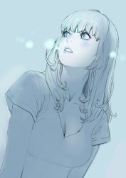 Rule 34 | 1girl, blue eyes, blue theme, breasts, cleavage, dutch angle, from below, limited palette, long hair, looking away, original, parted lips, peco (pockleberry), short sleeves, solo, spot color, upper body, v-neck, wide-eyed