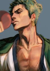 Rule 34 | 1boy, blue background, bottle, chonmage, close-up, commentary, drinking, earrings, green hair, green kimono, highres, holding, holding bottle, japanese clothes, jewelry, kimono, kimono on shoulders, laechos, male focus, one piece, roronoa zoro, scar, scar across eye, scar on chest, sideburns, simple background, solo, symbol-only commentary, topknot