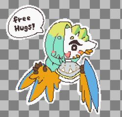 Rule 34 | animal ears, bird ears, blonde hair, blue feathers, blush, blush stickers, checkered background, commentary, facial mark, feathers, free hugs, green hair, grey background, grey poncho, hair over one eye, harpy, long hair, mako (eogks), monster girl, multicolored hair, nn (eogks), open mouth, orange feathers, original, pixel art, poncho, speech bubble, symbol-only commentary, two-tone hair, two-tone wings, upper body, winged arms, wings