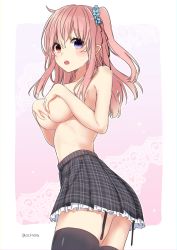Rule 34 | 1girl, blush, breasts, covering privates, covering breasts, female focus, garter straps, heterochromia, large breasts, long hair, nei (os), one side up, open mouth, original, os (os fresa), pink hair, plaid, plaid skirt, pointy ears, purple eyes, red eyes, scrunchie, skirt, solo, topless, twitter username