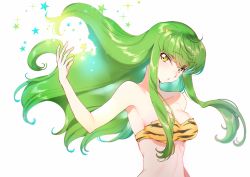 Rule 34 | 1girl, bare shoulders, bikini, breasts, c.c., cleavage, code geass, commentary, cosplay, creayus, floating hair, green hair, hand up, long hair, looking at viewer, lum, lum (cosplay), medium breasts, parted lips, solo, sparkle, star (symbol), striped bikini, striped clothes, swimsuit, twitter sparkles, upper body, urusei yatsura, white background, yellow eyes