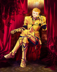 Rule 34 | 1boy, armor, bad id, bad pixiv id, blonde hair, head rest, curtains, earrings, fate/stay night, fate (series), full armor, full body, gilgamesh (fate), hali, highres, jewelry, crossed legs, male focus, red eyes, short hair, sitting, smile, solo