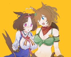 Rule 34 | 2girls, ahoge, armband, bandana, bare shoulders, bikini, bikini under clothes, blue dress, blue eyes, breasts, brown hair, character request, cleavage, dang (1374193419), dress, green armband, green shirt, heart, heart ahoge, highres, large breasts, looking at another, midriff, multiple girls, navel, off-shoulder shirt, off shoulder, one eye closed, ponytail, purple eyes, shirt, short hair, short sleeves, simple background, stomach, swimsuit, taiki shuttle (umamusume), umamusume, upper body, white shirt, yellow background