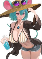 Rule 34 | 1girl, animal ears, aqua hair, arknights, bikini, breasts, character request, cleavage, cosplay, cowboy shot, ears through headwear, eyewear on headwear, grey shorts, hair between eyes, hat, highres, hood (james x), jewelry, large breasts, long sleeves, mouse ears, navel, off shoulder, open clothes, pendant, purple eyes, short shorts, shorts, single bare shoulder, solo, standing, stomach, striped bikini, striped clothes, sun hat, sunglasses, swimsuit, thighs, utage (arknights), utage (arknights) (cosplay), utage (summer flowers) (arknights), vertical stripes