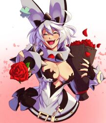 Rule 34 | 1girl, ahoge, black gloves, black nails, blizzardingpike, blue eyes, bouquet, bracelet, breasts, cleavage cutout, clothing cutout, clover, collar, dress, elphelt valentine, fingerless gloves, flower, four-leaf clover, gloves, guilty gear, guilty gear xrd, hairband, holding, holding bouquet, holding flower, huge ahoge, jewelry, large breasts, looking at viewer, medium hair, nail polish, open mouth, petals, red flower, red rose, rose, rose petals, smile, spiked bracelet, spiked collar, spiked hairband, spikes, wedding dress, white dress, white hair