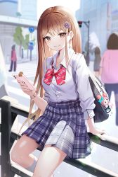 Rule 34 | 5girls, bag, black bag, blue skirt, blurry, blurry background, blush, bow, bowtie, brown eyes, brown hair, building, city, collared shirt, dress shirt, hair ornament, hand up, highres, holding, holding phone, kinsuke z, long hair, long sleeves, looking at viewer, multiple girls, on railing, original, outdoors, parted lips, phone, plaid, plaid skirt, pleated skirt, railing, red bow, red bowtie, school bag, school uniform, shirt, sitting, skirt, smile, solo focus, white shirt