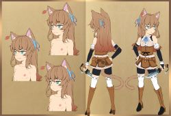 Rule 34 | 1girl, animal ears, ascot, bike shorts, black bridal gauntlets, black shorts, blue ascot, blue eyes, blush, boots, breasts, bridal gauntlets, brown dress, brown footwear, brown hair, cat ears, cat girl, cat tail, character sheet, cleavage cutout, closed mouth, clothing cutout, commentary request, dagger, dress, earrings, expressionless, full body, gem, hair between eyes, high heel boots, high heels, highres, holding, holding dagger, holding knife, holding weapon, jewelry, kitsunerider, knife, long hair, looking to the side, multiple views, nipples, original, red gemstone, short dress, shorts, single earring, sleeveless, sleeveless dress, slit pupils, small breasts, smile, standing, tail, thighhighs, upper body, weapon, white thighhighs