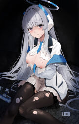 Rule 34 | 1girl, absurdres, arm under breasts, between breasts, black background, black pantyhose, blue archive, blue necktie, blunt bangs, blush, breasts, collared shirt, commentary request, defeat, grey hair, halo, highres, hototogisu (7kanu 7ra), jacket, large breasts, long hair, looking at viewer, mechanical halo, necktie, necktie between breasts, nipples, noa (blue archive), off shoulder, pantyhose, pleated skirt, purple eyes, shirt, simple background, sitting, skirt, solo, tearing up, torn clothes, torn pantyhose, torn shirt, white jacket, white shirt, white skirt