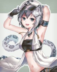 Rule 34 | 1girl, :d, adjusting clothes, adjusting headwear, animal ears, arknights, armband, armpits, arms up, bandeau, bare arms, bare shoulders, black gloves, breasts, bustier, cabbie hat, checkered clothes, checkered headwear, cliffheart (arknights), commentary request, gloves, grey background, grey eyes, hat, highres, jacket, jewelry, kuzuki (kzkuta), leopard ears, leopard tail, looking at viewer, medium breasts, midriff, navel, necklace, open clothes, open jacket, open mouth, partial commentary, short hair, silver hair, sleeveless, sleeveless jacket, smile, solo, stomach, strapless, tail, tube top, upper body, white hat, white jacket