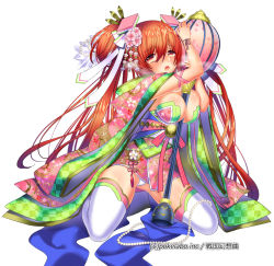 Rule 34 | 1girl, between breasts, blush, breasts, character request, flower, fuji minako, japanese clothes, jewelry, kneeling, large breasts, long hair, long sleeves, necklace, official art, open mouth, pearl necklace, red eyes, red hair, sengoku gensoukyoku, solo, thighhighs, twintails, watermark, white background, white thighhighs