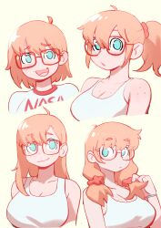 Rule 34 | 1girl, absurdres, ahoge, alternate hairstyle, blue eyes, blush, body freckles, breasts, colo (nagrolaz), freckles, glasses, highres, large breasts, long hair, looking at viewer, medium hair, open mouth, orange hair, ponytail, red-framed eyewear, rita (sweethex), shirt, short hair, smile, solo, sweethex, twintails