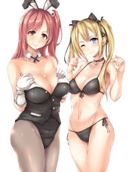 Rule 34 | 2girls, ;), alternate costume, animal ears, bare shoulders, bell, belt, bikini, black bikini, blonde hair, blue eyes, blush, breast suppress, breasts, buttons, cat ears, cleavage, closed mouth, collar, collarbone, cowboy shot, dead or alive, dead or alive 5, detached collar, eyebrows, fake animal ears, front-tie bikini top, front-tie top, gloves, grey legwear, groin, hair iron, hair ribbon, hairband, halterneck, hands on breasts, hands on own chest, head tilt, highres, honoka (doa), jingle bell, large breasts, leotard, long hair, looking at viewer, marie rose, multiple girls, navel, neck bell, one eye closed, one side up, orb, pantyhose, pink hair, playboy bunny, pocket, purple eyes, rabbit ears, ribbon, shiny clothes, side-tie bikini bottom, simple background, smile, stomach, strapless, string bikini, swimsuit, tachibana omina, take your pick, two side up, unbuttoned, white background, white gloves, wrist cuffs