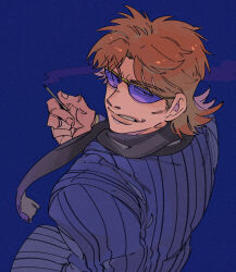 Rule 34 | 1boy, absurdres, black scarf, blue background, blue jacket, brown hair, cigarette, commentary request, glasses, highres, holding, holding cigarette, hyoudou kazuya, inudori, jacket, kaiji, lips, looking at viewer, looking down, male focus, medium bangs, parted bangs, purple-tinted eyewear, scarf, short hair, simple background, smoke, smoking, sneer, solo, striped clothes, striped jacket, tinted eyewear, upper body, v-shaped eyebrows, vertical-striped clothes, vertical-striped jacket