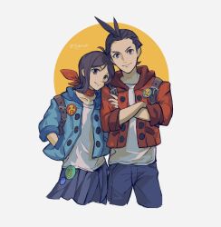 Rule 34 | 1boy, 1girl, ace attorney, adapted costume, alternate costume, alternate eye color, antenna hair, apollo justice, apollo justice (stylin&#039; street clothes), arm grab, backpack, badge, bag, blue jacket, blue pants, blue skirt, brother and sister, brown eyes, brown hair, button badge, closed mouth, cowboy shot, cropped legs, crossed arms, grabbing another&#039;s arm, hand in pocket, highres, jacket, kaeru (qingwali), looking at viewer, matching outfits, medium hair, official alternate costume, pants, pleated skirt, red scarf, scarf, shirt, short hair, siblings, skirt, sleeves past elbows, smile, trucy wright, twitter username, white background, white shirt