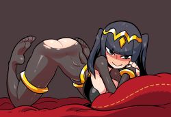 Rule 34 | 1girl, all fours, arched back, ass, bangs, black bodysuit, black eyes, black hair, blush, bodysuit, breasts, bridal gauntlets, cleavage, closed mouth, come hither, fire emblem, fire emblem awakening, highres, jewelry, large breasts, long hair, looking at viewer, naughty face, nintendo, own hands together, pillow, rariatto (ganguri), shiny, shiny clothes, shiny skin, simple background, skin tight, smile, solo, tharja (fire emblem), tiara, torn bodysuit, torn clothes, two side up