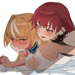 Rule 34 | 2girls, blonde hair, breasts, crying, crying with eyes open, finger in another&#039;s mouth, heterochromia, highres, hololive, houshou marine, multiple girls, one eye closed, open mouth, red eyes, red hair, saliva, shiranui flare, simple background, sweat, tears, virtual youtuber, white background, yellow eyes, yomosaka, yuri