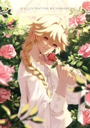 Rule 34 | 1boy, absurdres, aether (genshin impact), androgynous, blonde hair, braid, closed mouth, collared shirt, flower, genshin impact, hanapen, highres, holding, holding flower, long sleeves, looking at viewer, male focus, pink flower, pink rose, red flower, red rose, rose, shirt, smile, solo, twitter username, white shirt, yellow eyes