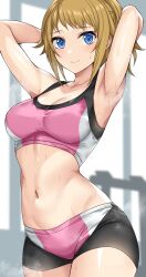 Rule 34 | 1girl, armpits, arms up, bare shoulders, bike shorts, blue eyes, blush, breasts, brown hair, cleavage, closed mouth, collarbone, commentary request, contrapposto, cowboy shot, groin, gundam, gundam build fighters, gundam build fighters try, highres, hoshino fumina, looking at viewer, medium breasts, midriff, navel, nirowata, pink shorts, pink sports bra, ponytail, short hair, shorts, sidelocks, smile, solo, sports bra, standing, steaming body, sweat, taut clothes, two-tone sports bra, white shorts, white sports bra