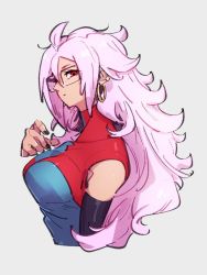Rule 34 | 1girl, alternate hair color, android 21, black nails, breasts, checkered clothes, checkered dress, closed mouth, dragon ball, dragon ball fighterz, dress, earrings, fingernails, glasses, grey background, hair between eyes, hoop earrings, jewelry, kemachiku, long hair, looking at viewer, medium breasts, nail polish, pink hair, red eyes, simple background, solo, upper body