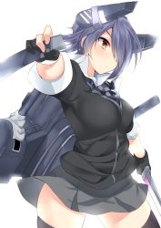 Rule 34 | 10s, 1girl, absurdres, cardigan, cowboy shot, eyepatch, gloves, hair over one eye, headgear, highres, holding, holding sword, holding weapon, kantai collection, nebusoku, necktie, one eye covered, purple hair, scabbard, school uniform, sheath, short hair, simple background, skirt, solo, sword, tenryuu (kancolle), turret, weapon, white background, yellow eyes