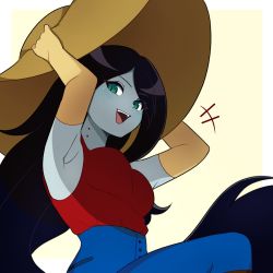 Rule 34 | 1girl, :d, adventure time, bite mark, black hair, breasts, colored skin, commentary, elbow gloves, english commentary, fangs, gloves, green eyes, grey skin, hat, highres, long hair, marceline abadeer, medium breasts, official alternate costume, open mouth, pointy ears, rukiadaichi, smile, solo, vampire, very long hair, yellow hat