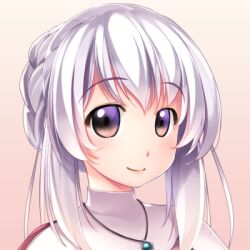 Rule 34 | 1girl, atelier-moo, braid, brown eyes, closed mouth, grey background, hair between eyes, hair over shoulder, jewelry, looking at viewer, lowres, lutie, necklace, our battle has just begun!, pendant, portrait, short hair, simple background, smile, solo, white hair
