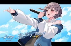 Rule 34 | 1girl, absurdres, bang dream!, bang dream! it&#039;s mygo!!!!!, belt, blush, buttons, cloud, collared shirt, commentary, dutch angle, earrings, english commentary, grey hair, happy birthday, highres, holding, holding microphone, ichi (bttrfl1es), jacket, jewelry, letterboxed, letterman jacket, long sleeves, looking ahead, microphone, music, off shoulder, open clothes, open jacket, open mouth, orange eyes, outline, outstretched arm, pearl earrings, shirt, short hair, singing, sky, sleeveless, sleeveless shirt, solo, takamatsu tomori, teeth, upper teeth only, white outline, white shirt, yellow belt