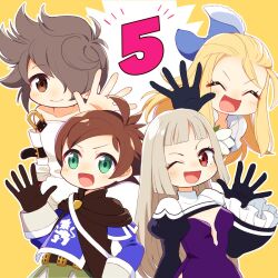 Rule 34 | 2girls, :d, black gloves, blonde hair, blue bow, blunt bangs, blush, bow, bravely default (series), bravely second: end layer, brown cape, brown eyes, brown gloves, brown hair, cape, cleavage cutout, closed eyes, closed mouth, clothing cutout, dress, edea lee, flower, frilled sleeves, frills, gloves, green eyes, hair bow, hair flower, hair ornament, hand up, highres, long hair, long sleeves, looking at viewer, magnolia, magnolia arch, multiple girls, musketeer, one eye closed, one eye covered, open mouth, red eyes, short hair, smile, tekutonbo, tiz arrior, v-shaped eyebrows, waving, white hair, wide sleeves, yew geneolgia