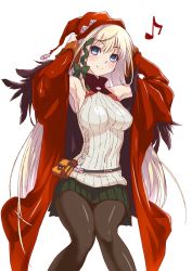 Rule 34 | 1girl, age of ishtaria, bare shoulders, black pantyhose, blonde hair, blue eyes, breasts, christmas, cloak, feathers, invisible chair, long hair, medium breasts, miniskirt, musical note, pantyhose, pleated skirt, pouch, ribbed sweater, sitting, sjw kazuya, skirt, sleeveless, sleeveless turtleneck, smile, sweater, turtleneck, very long hair, white background