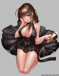 Rule 34 | 1girl, absurdres, ahoge, alcohol, alternate hairstyle, armlet, bad id, bad pixiv id, bare shoulders, black dress, blunt bangs, blush, breasts, brown hair, champagne flute, cleavage, cup, curly hair, dress, drinking glass, dsr-50 (girls&#039; frontline), dsr-50 (highest bid) (girls&#039; frontline), earrings, gem, girls&#039; frontline, hair ornament, halter dress, halterneck, hand on own cheek, hand on own face, highres, holding, holding cup, jewelry, large breasts, long hair, looking at viewer, mingakk, necklace, no bra, official alternate costume, one eye closed, open mouth, red eyes, red gemstone, seiza, sidelocks, simple background, sitting, smile, solo, thighs, very long hair