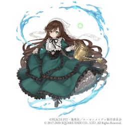 Rule 34 | 1girl, brown hair, classic lolita, clothes lift, crossover, dress, dress lift, drill hair, frilled dress, frills, full body, green dress, green eyes, heterochromia, highres, ji no, lolita fashion, long hair, looking at viewer, official art, red eyes, rozen maiden, sinoalice, smile, solo, square enix, suiseiseki, very long hair, water, watering can, white background