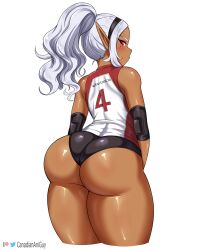 Rule 34 | 1girl, ass, bare legs, canadiananiguy, curvy, dark-skinned female, dark skin, elf-san wa yaserarenai., from behind, highres, huge ass, kuroeda (elf-san wa yaserarenai.), long hair, looking at viewer, looking back, mole, mole under eye, pointy ears, ponytail, profile, red eyes, scrunchie, shiny skin, silver hair, simple background, solo, standing, thick thighs, thighs, white background, wide hips