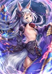 Rule 34 | 10s, 1girl, animal ears, ass, back, backless outfit, black bow, blue eyes, blush, bow, breasts, closed mouth, detached sleeves, erune, eyebrows, fox ears, fox tail, from side, granblue fantasy, hair ornament, head tilt, ks (xephyrks), long hair, medium breasts, sideboob, silver hair, smile, societte (granblue fantasy), solo, standing, tail, very long hair
