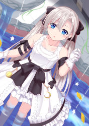 Rule 34 | 1girl, bare shoulders, black bow, blue eyes, blush, bow, breasts, collarbone, commentary, crescent, dress, feet out of frame, frilled dress, frills, gloves, grey hair, hair between eyes, hair bow, long hair, looking at viewer, original, parted lips, revision, sleeveless, sleeveless dress, small breasts, solo, star (symbol), symbol-only commentary, tukino neru, twintails, very long hair, water, waterfall, white gloves