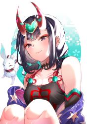 Rule 34 | 1girl, bare shoulders, bob cut, breasts, fate/grand order, fate (series), hazu t, horns, looking down, off shoulder, oni, purple eyes, purple hair, red ribbon, ribbon, short eyebrows, short hair, shuten douji (fate), shuten douji (fate/grand order), shuten douji (halloween caster) (fate), skin-covered horns, small breasts, smile, solo