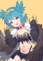 Rule 34 | 1girl, absurdres, artist request, black feathers, black wings, blue hair, blush, breasts, claws, collar, commission, fang, feathers, green hair, harpy, highres, indie virtual youtuber, lincoro, monster girl, navel, open mouth, pointy ears, red eyes, second-party source, short hair, short twintails, simple background, skin fang, small breasts, solo, stomach tattoo, tattoo, tiara, twintails, virtual youtuber, winged arms, wings, yellow background