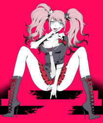 Rule 34 | 10s, 1girl, bad id, bad pixiv id, blue eyes, boots, bow, breasts, cleavage, covering privates, covering crotch, danganronpa (series), danganronpa: trigger happy havoc, enoshima junko, hair bow, hair ornament, high heel boots, high heels, knee boots, large breasts, legs, long hair, nail polish, necktie, pink background, pink hair, school uniform, shoes, sitting, skirt, sleeves rolled up, smile, solo, spoilers, spread legs, takase (harakiri), twintails