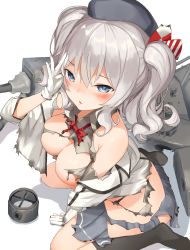 Rule 34 | 10s, 1girl, arm support, bare shoulders, beret, black legwear, blue eyes, blush, breasts, cleavage, female focus, gloves, grey eyes, grey shirt, hair between eyes, hand on own face, hat, highres, holding, holding own hair, jonsun, kantai collection, kashima (kancolle), large breasts, looking at viewer, military, military uniform, miniskirt, no bra, no panties, no shoes, pleated skirt, shirt, sidelocks, simple background, sitting, skindentation, skirt, solo, torn clothes, torn shirt, torn skirt, tsurime, turret, twintails, uniform, wariza, wavy hair, weapon, white background, white gloves