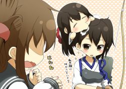 Rule 34 | 10s, 3girls, = =, akagi (kancolle), armor, b-man, bow (weapon), brown eyes, brown hair, bubble, chibi, chibi on head, drooling, closed eyes, folded ponytail, gloves, hair ornament, hairclip, half updo, heart, heart background, inazuma (kancolle), japanese clothes, kaga (kancolle), kantai collection, multiple girls, muneate, no eyebrows, no eyes, on head, open mouth, person on head, personification, ponytail, puchimasu!, ribbon, school uniform, serafuku, side ponytail, skirt, sleeping, sleeves past wrists, sparkle, wavy mouth, weapon