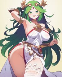 1girl armpits bare_shoulders breasts cowboy_shot dress flipherrrr gradient_background green_eyes green_hair highres kid_icarus large_breasts long_hair nintendo palutena simple_background solo strapless strapless_dress white_dress