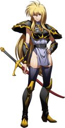 Rule 34 | 1girl, armor, bag, blonde hair, breastplate, closed mouth, full body, grey thighhighs, hair between eyes, hand on own hip, highres, holding, holding sheath, langrisser, leticia (langrisser), long hair, looking at viewer, official art, red eyes, sheath, sheathed, shiny clothes, shiny legwear, shiny skin, shoulder armor, smile, solo, standing, sword, thighhighs, transparent background, very long hair, weapon