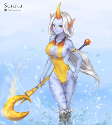 Rule 34 | 1girl, anshu (o9jucea), armlet, bare shoulders, breasts, character name, colored skin, female focus, gradient background, highres, horns, large breasts, league of legends, long hair, pointy ears, purple skin, sideboob, single horn, solo, soraka (league of legends), splashing, staff, swimsuit, tattoo, water drop, white hair, yellow eyes